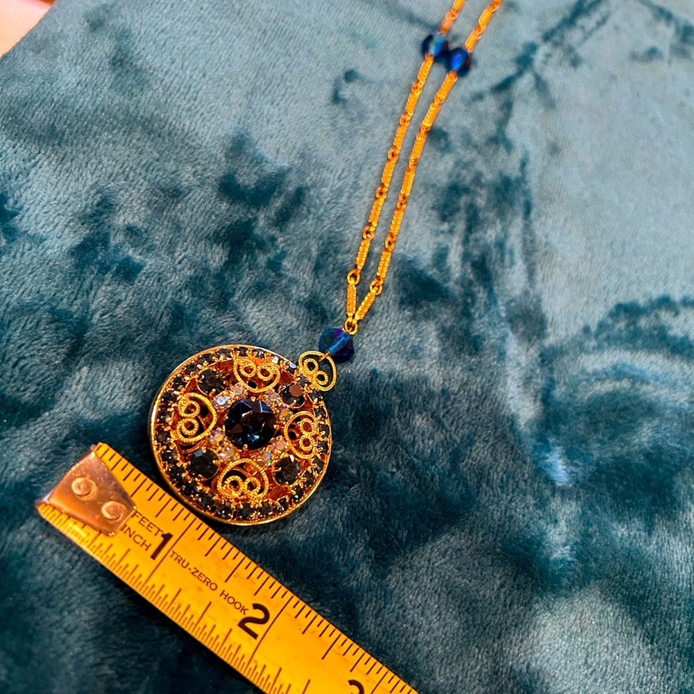 VINTAGE Blue Sapphire And Gold Tone, Large Filigree Pendant With 29” Chain